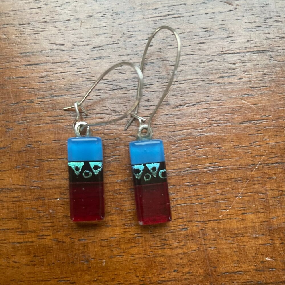 Bundle 3 for $12. Red, Blue and Silver Toned Glass Dangle Earrings